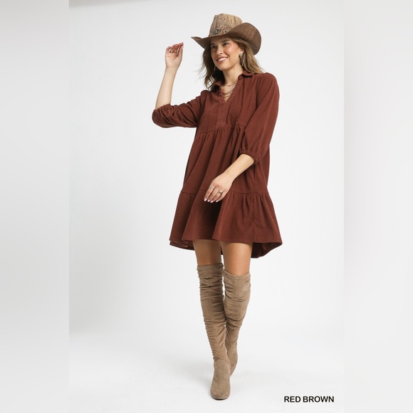 Umgee Tiered Corduroy Mini Dress with Balloon Sleeves - Picture 2 of 6